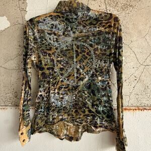 Y2K Leopard Print Button Down Shirt Rhinestone Peace Sign Semi Sheer Top Women S